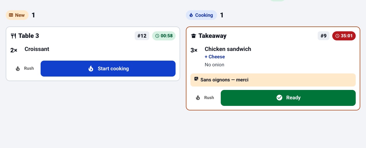 The kitchen screen with a New column holding a Table 3 ticket and a blue Start cooking button, and a Cooking column with a late takeaway ticket, its note, and a green Ready button.