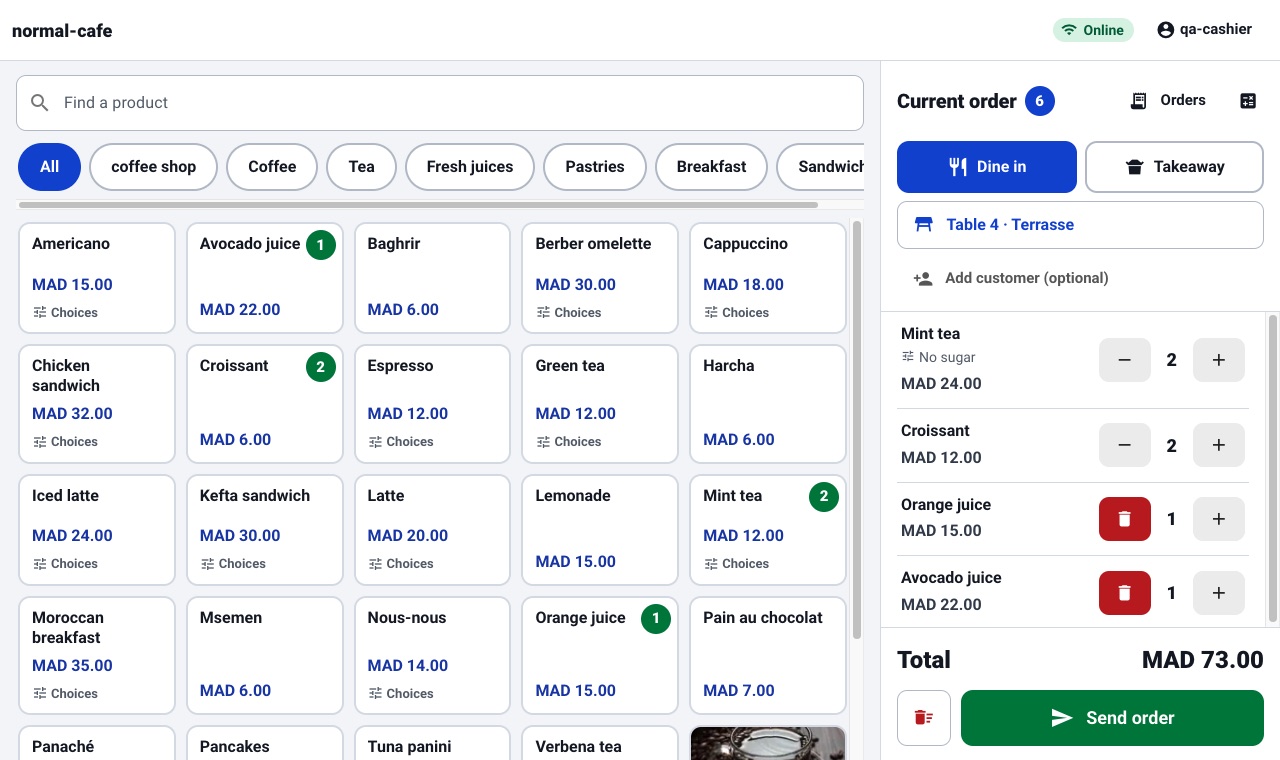 The counter screen: a menu of products on the left, and the current order for Table 4 on the right with a total of MAD 73.00 and a green Send order button.